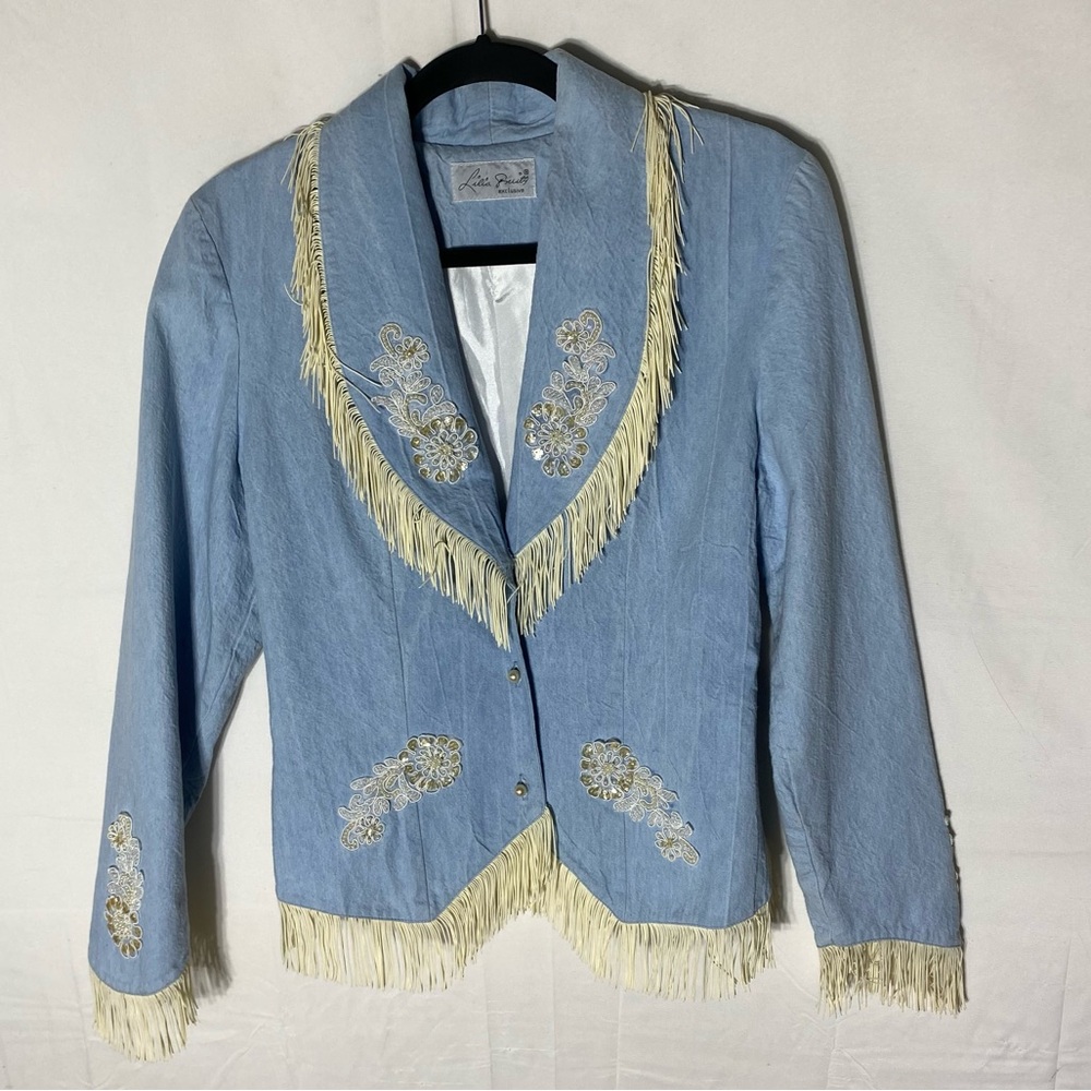 Vintage Lilia Smitty Blue Western Jacket and Skirt Set With Fringe M Festival - Picture 3 of 16
